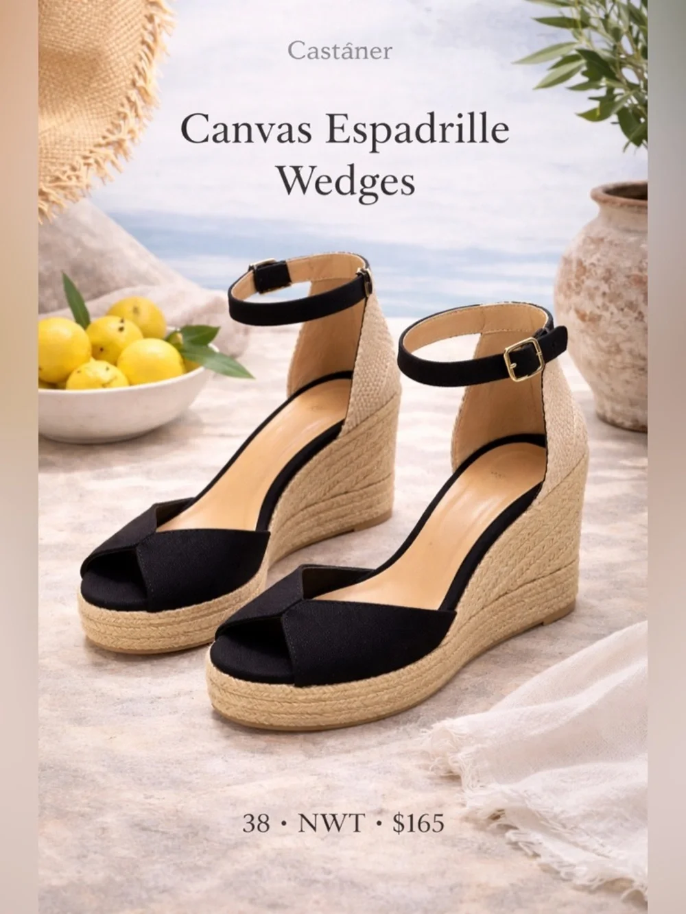 Castañer Bianca Canvas Espadrille Wedge Sandals Black EU 38 NWT
